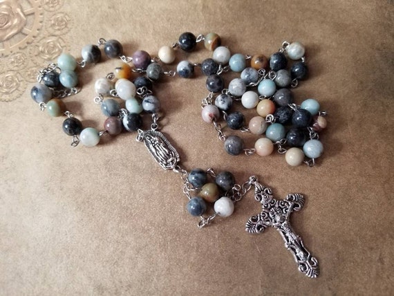 Rosary, mixed gemstone, five decade rosary, Our Lady of Guadalupe center, silver toned metal crucifix, religious, Catholic rosary, prayer
