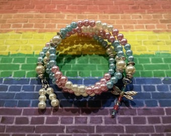 Trans pride bracelet, LGBT pride bracelet, memory wire bracelet, wrap bracelet, beaded bracelet, glass pearl bracelet, Boho, dragonfly