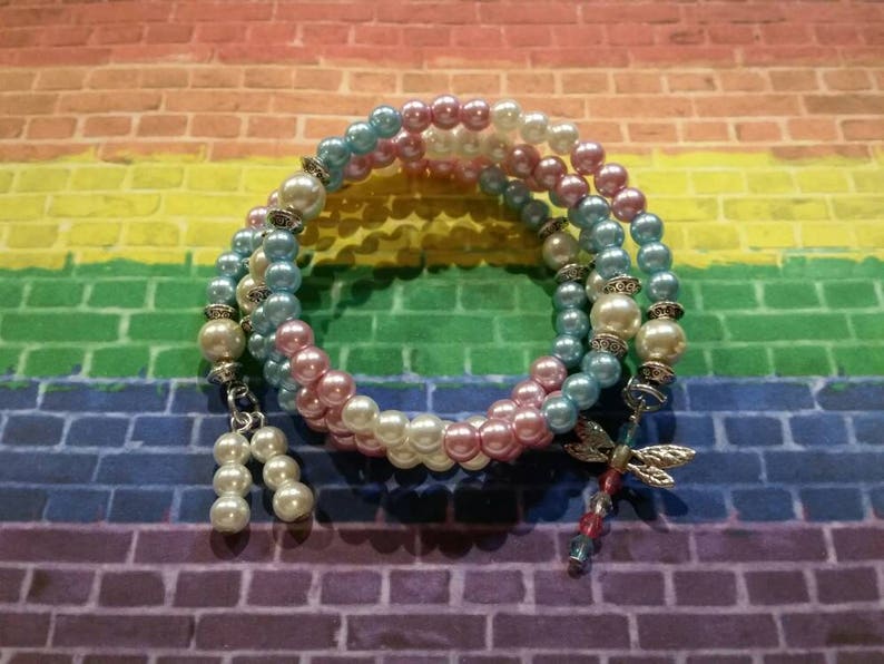 glass pearl bracelet wrap bracelet dragonfly memory wire bracelet Trans pride bracelet LGBT pride bracelet beaded bracelet Boho