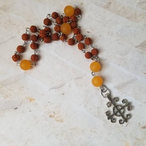 Anglican Rosary, Protestant, Methodist, Episcopal, prayer beads, Rudraksha seeds, matte butterscotch Malay Jade, Jerusalem cross, stainless