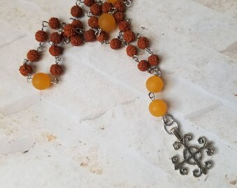 Anglican Rosary, Protestant, Methodist, Episcopal, prayer beads, Rudraksha seeds, matte butterscotch Malay Jade, Jerusalem cross, stainless
