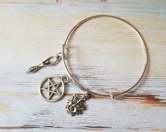 Wiccan bracelet, Pagan bracelet, Goddess, Nature religion bangle, silver metal  bangle, expandable bangle, charm bangle, witch jewelry