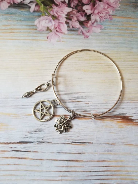 Wiccan bracelet, Pagan bracelet, Goddess, Nature religion bangle, silver metal bangle, expandable bangle, charm bangle, witch jewelry
