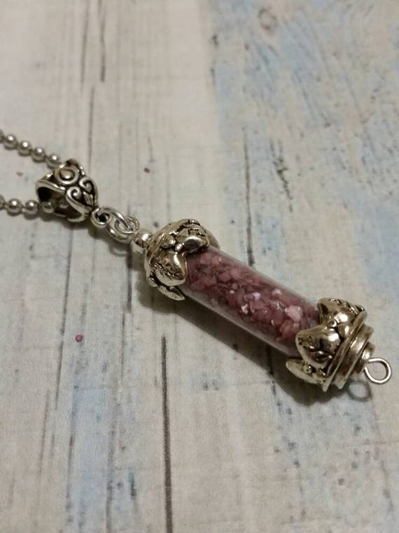 Silver vial pendant, captured shell vial necklace, silver vial with purple Mother of Pearl chips, fancy bail with chain, captured seashell