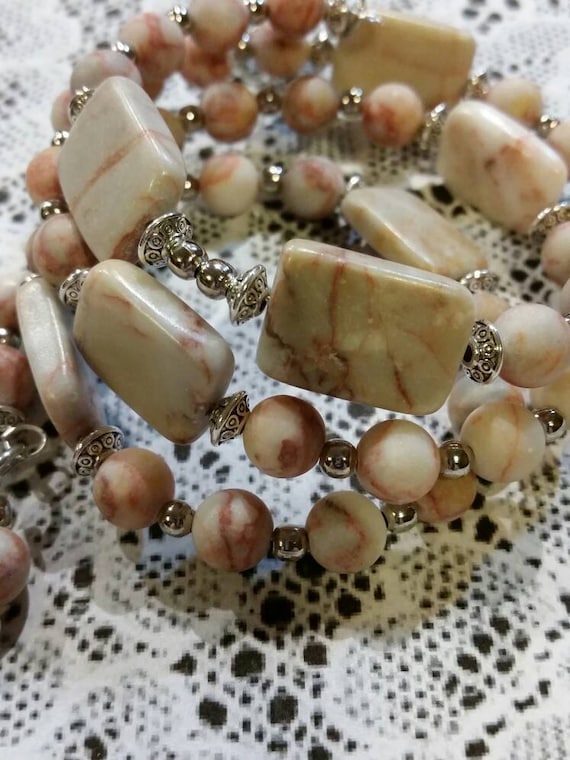 Lutheran rosary bracelet, Lutheran prayer bracelet, memory wire bracelet, wrap bracelet, gemstone beads, Redline Marble beads, filigree