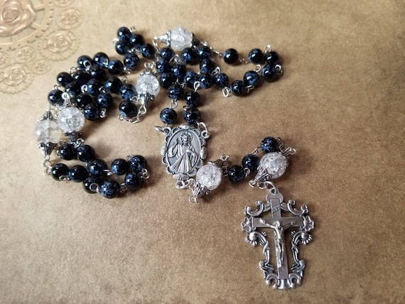 Five decade rosary, silver tone, black and clear glass beads, Italian-made center connector and crucifix, religious, Catholic rosary