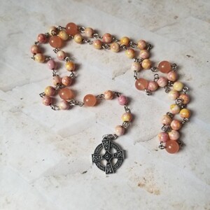 Lutheran prayer beads, Lutheran rosary, colorful gemstone beads, peach beads, silver toned, Celtic cross, hand-wired, dainty prayer beads