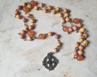 Lutheran prayer beads, Lutheran rosary, colorful gemstone beads, peach beads, silver toned, Celtic cross, hand-wired, dainty prayer beads