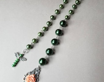 Baha'i prayer beads, 19 and 5 prayer beads, silver tone, deep green glass pearls, dragonfly charm, hand-wired, salmon rose, filigree design