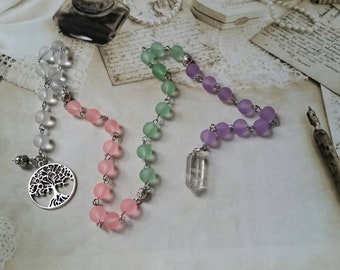 Lammas prayer beads, pagan prayer beads, Lughnasadh prayer beads, stainless steel, recycled sea glass, quartz pendulum, tree of life charm