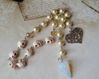 Day of the Dead prayer beads, Dia de Los Muertos prayer beads, pagan prayer beads, Samhain, stainless, yellow and ivory, Opalite pendulum
