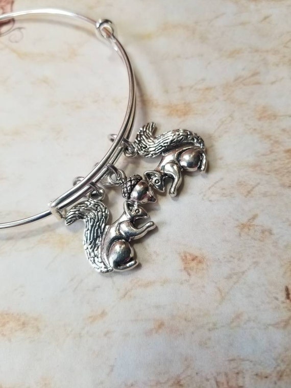 Squirrel bracelet, squirrel charm bangle, expandable bangle, squirrel application day, charm bracelet, expandable charm bangle, unique gift
