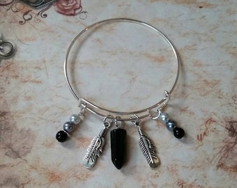 Litha bangle, expandable bangle, charm bangle, Midsummer, pagan jewelry, matches prayer beads, Black Onyx, feather charms, glass pearls