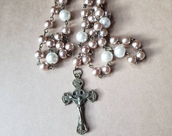 Lutheran rosary, prayer beads, bronze toned, pale beige and ivory glass pearls, reversible bronze crucifix, religious, OOAK, hand-wired
