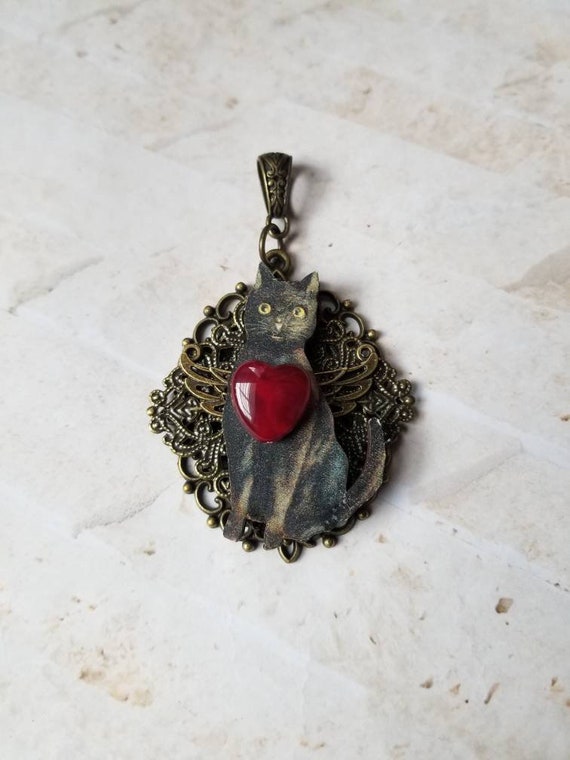 Black cat pendant, cat pendant, cat necklace, heart necklace, Goth jewelry, black cat jewelry, Witches familiar pendant, winged cat pendant