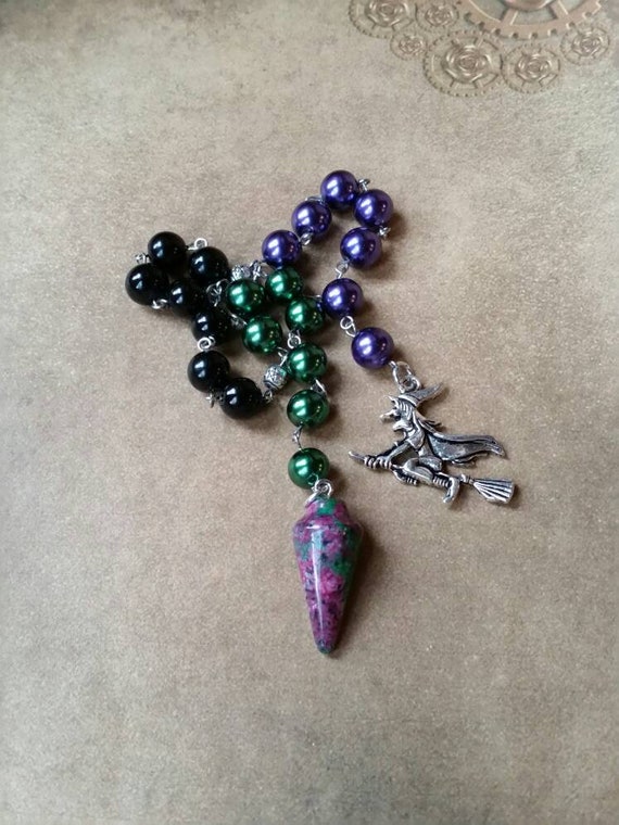 Samhain prayer beads, pagan prayer beads, Samhain witches prayer beads, stainless steel, glass pearls, gemstone pendulum, witch on broom