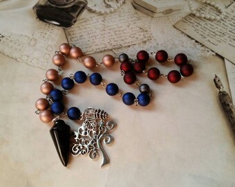 Mabon prayer beads, pagan prayer beads, Mabon witches prayer beads, stainless steel, matte satin glass, Agate pendulum, tree, pine cone