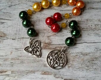 Beltane prayer beads, pagan prayer beads, witches prayer beads, stainless steel, glass pearls, Celtic knot charm, Celtic Triquetra, Jade