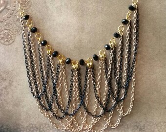 Bib chain necklace, drape necklace, chain jewelry,  multi length chain necklace, gold and black chain, black Czech faceted glass, OOAK