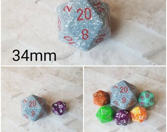 Air 34mm Jumbo d20, white and blue speckled with red numbers, giant dnd dice, 34mm d20 dice, huge dnd dice, jumbo d20, RPG, huge d20 dice