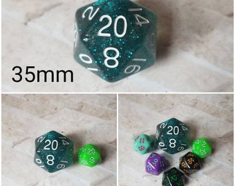 Ethereal Blue 35mm Jumbo d20, blue glittery with white numbers, giant dnd dice, 35mm d20 dice, huge dnd dice, jumbo d20, RPG dice