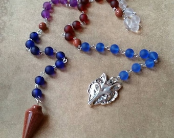 Mabon prayer beads, pagan prayer beads, Mabon witches prayer beads, stainless steel, sea glass, Goldstone beads, wolf prayer beads, wolf
