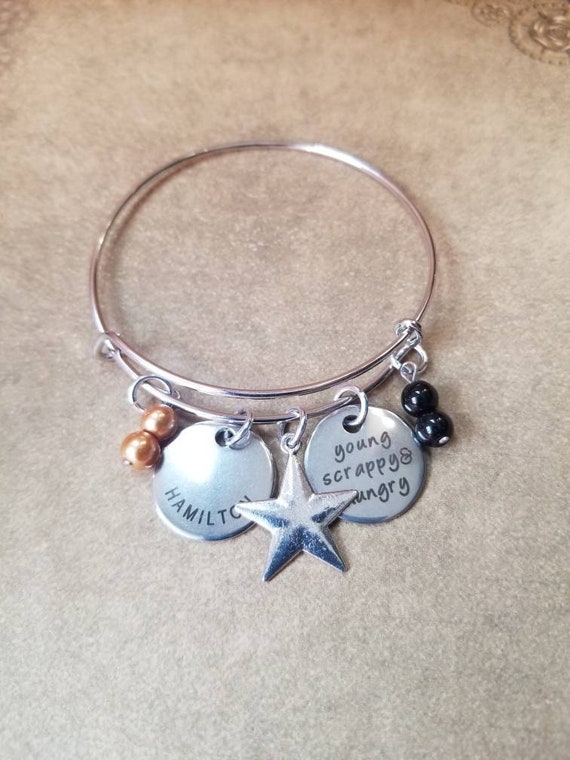 Hamilton bracelet, Hamilton charm bangle, silver metal bangle, expandable bangle, charm bracelet, Hamilton charm bangle, Hamilton quote