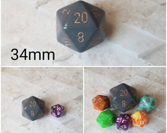 Gray and gold 34mm Jumbo d20, dnd dice, oversized d20, jumbo sized d20, dnd d20, dnd dice, ttrpg dice, 34mm jumbo dnd d20