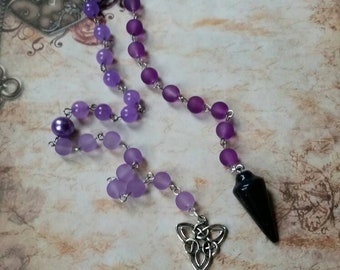 Lammas prayer beads, pagan prayer beads, Lughnasadh prayer beads, stainless steel, sea glass, purple Malay Jade, blue Goldstone pendulum