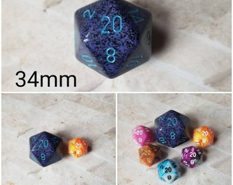 Cobalt 34mm Jumbo d20, black and purple speckled with blue numbers, giant dnd dice, 34mm d20 dice, huge dnd dice,  jumbo d20, RPG dice