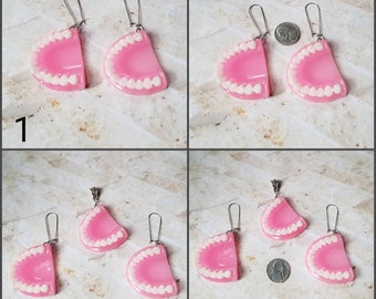 Whimsical earrings, kitschy earrings, false teeth earrings, denture earrings, choose from earrings only or earrings and pendant