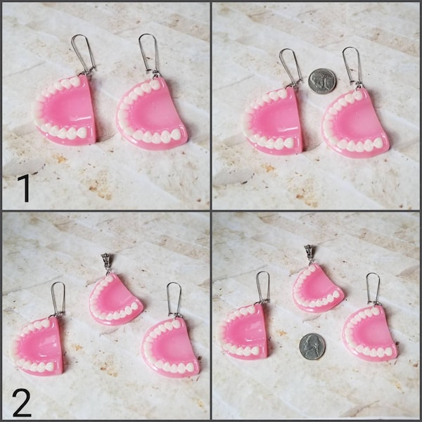 Whimsical earrings, kitschy earrings, false teeth earrings, denture earrings, choose from earrings only or earrings and pendant