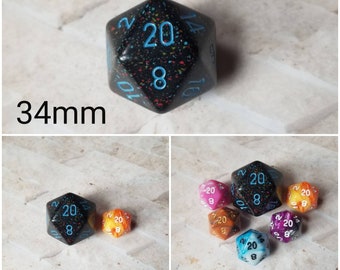 Blue Stars 34mm Jumbo d20, black and red with blue speckled with blue numbers, giant dnd dice, 34mm d20 dice, huge dnd dice,  jumbo d20