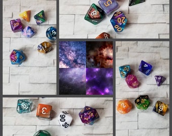 Sets of 7 Nebula 16mm dnd dice, polyhedral gaming dice, DnD dice set, RPG dice, DnD dice, D and D dice, gaming dice, curated sets, space