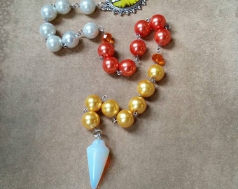 Samhain prayer beads, pagan prayer beads, Samhain witches prayer beads, stainless steel, glass pearls, Opalite pendulum, yellow dragon eye