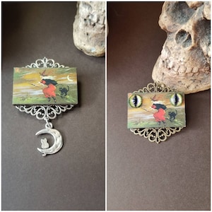 Witch brooch, witch pin, witch on broom, witch with cat, Wiccan brooch, Wiccan jewelry, pagan jewelry, LARP pin, witches familiar, 2 choices