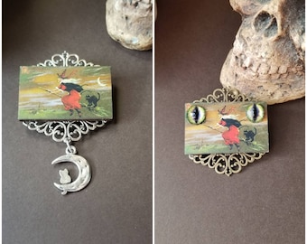Witch brooch, witch pin, witch on broom, witch with cat, Wiccan brooch, Wiccan jewelry, pagan jewelry, LARP pin, witches familiar, 2 choices