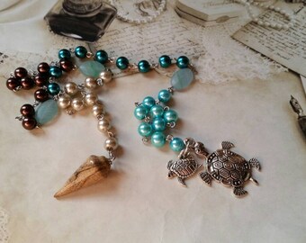 Mabon prayer beads,pagan prayer beads, Mabon witches prayer beads, stainless steel, glass pearls, Picture Jasper pendulum, turtle charms