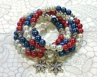 Snowflake jewelry, snowflake bracelet, memory wire bracelet, wrap bracelet, glass pearls, snowflake jewelry, patriotic bracelet, ooak