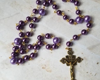 Lutheran rosary, prayer beads, gold toned, regal purple glass pearls, detailed crucifix, religious, OOAK, hand-wired, prayer aid