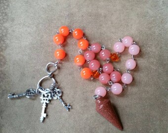 Samhain prayer beads, pagan prayer beads, Samhain witches prayer beads, stainless steel, Malay jade, Goldstone pendulum,  Hecate's keys