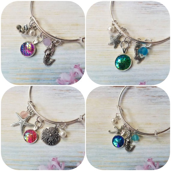 Mermaid bangle, mermaid scale bracelet, silver metal bangle, charm bracelet, charm bangle, expandable bangle, sea glass jewelry, nautical