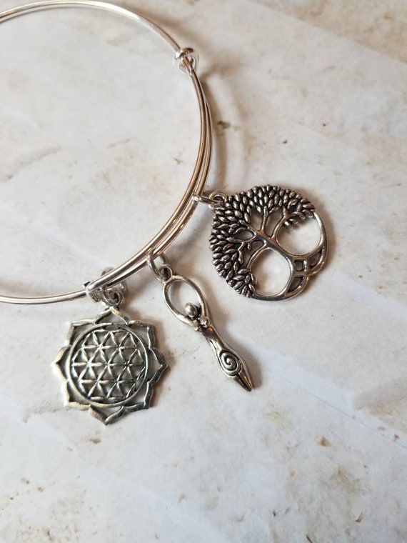 Goddess bracelet, Lillith bangle, charm bangle, expandable bangle, silver charm bracelet, Pagan bangle, Lillith jewelry, flower of life