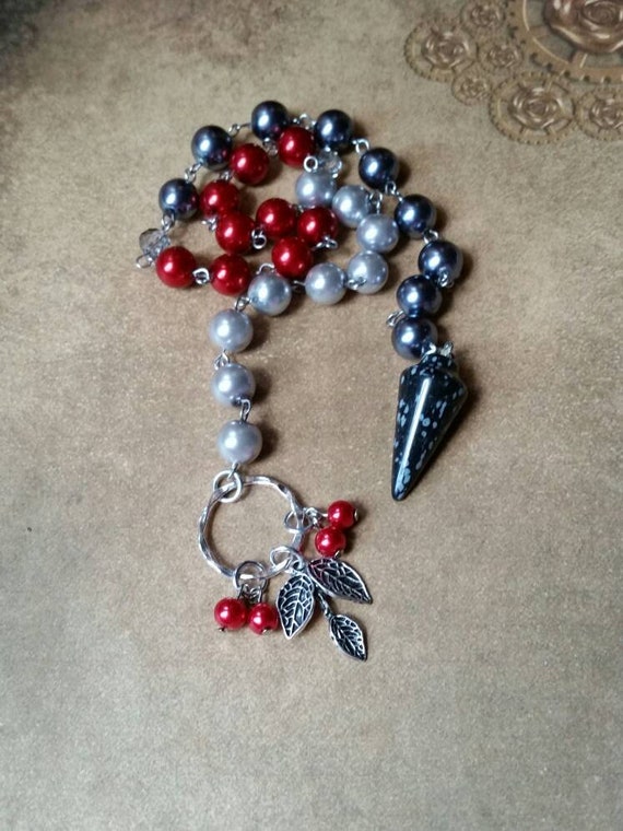 Pagan prayer beads, Yule prayer beads, witches prayer beads, stainless steel, glass pearls, Snowflake Obsidian, branch charm, red berries