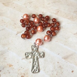 Anglican prayer beads, Episcopal, Methodist, Protestant prayer beads, brown and peach beads, silver toned metal cross