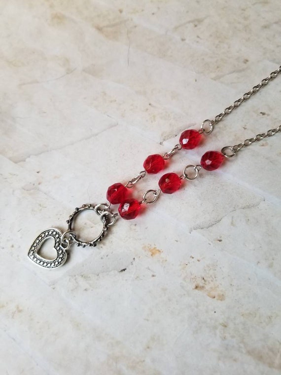 BDSM day collar, red Czech glass, discreet day collar, symbolic jewelry, BDSM collar, submissive collar, stainless steel, O ring, heart