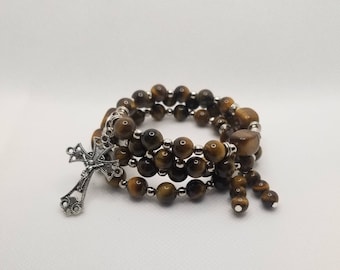 Lutheran rosary bracelet, Lutheran prayer bracelet, memory wire bracelet, wrap bracelet, Tiger's Eye gemstone beads, reversible cross