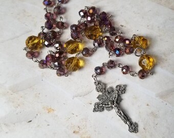 Lutheran prayer beads, Lutheran rosary, purple faceted glass, amber faceted glass, budded crucifix, silver toned metal, Aurora Borealis