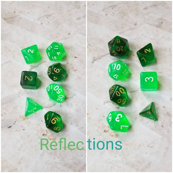 Reflections dnd dice, green curated dice set, polyhedral dice, DnD dice set, RPG dice, gaming dice, set of 7 dice, hand picked sets, 16mm
