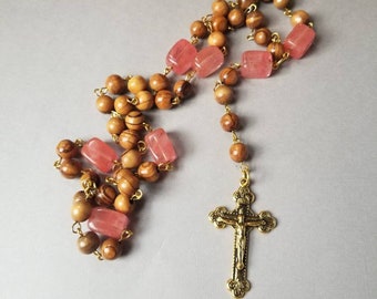Lutheran Prayer beads, religious rosary, Olive wood, gold tone, Jerusalem Olive wood and Cherry Quartz beads, detailed crucifix, hand-wired